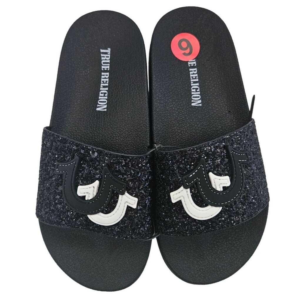 New True Religion Slide Sandals Size 6 Black Glitter Black/ White Logo